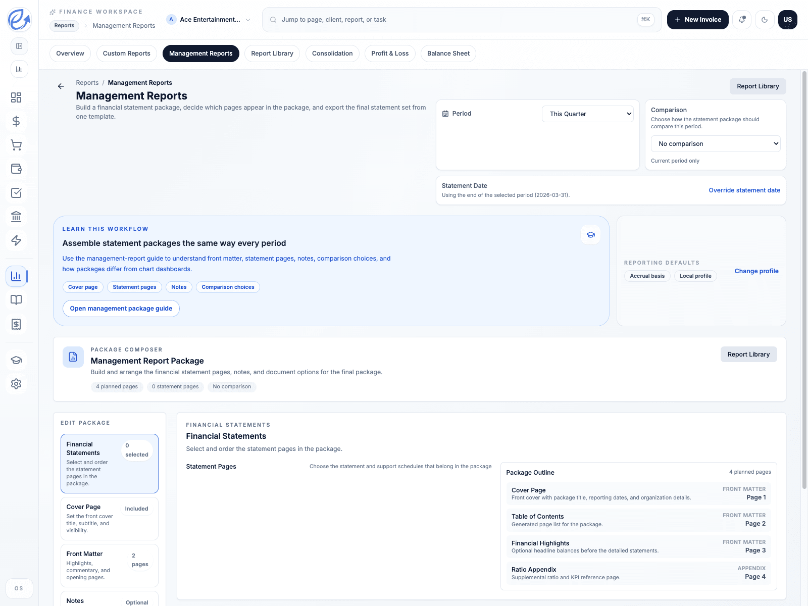 Accountant-facing reporting and management package workflow